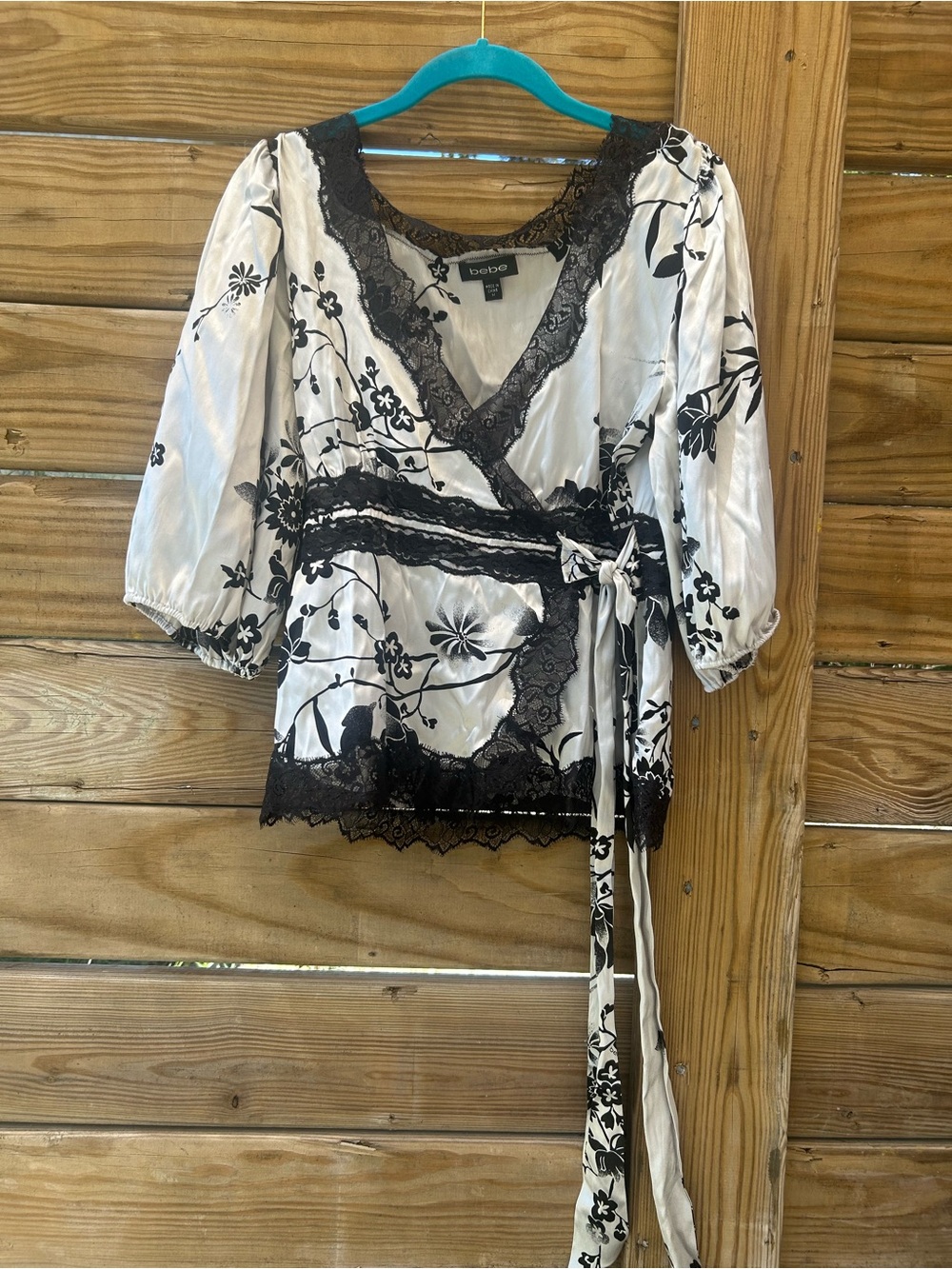 Bebe Silk floral Lace-Trim Wrap Top